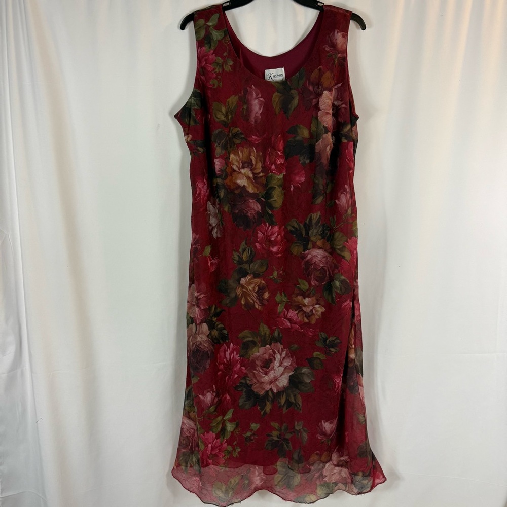 K Women Maxi dress womens 18 W Red roses floral crinkle, sleeveless